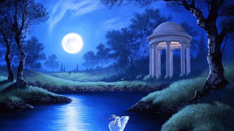 White Swan on River — Blue, Serene, Night