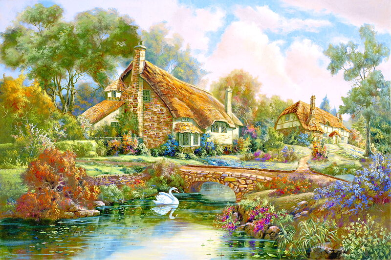 White Swan on River — Green, Serene