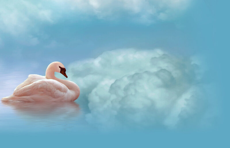 White Swan on Water — Blue, Serene, Digital Art