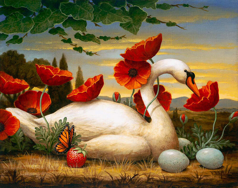 White Swan with Poppies