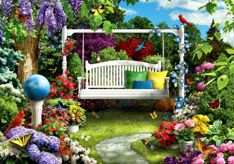White Swing Bench in Garden