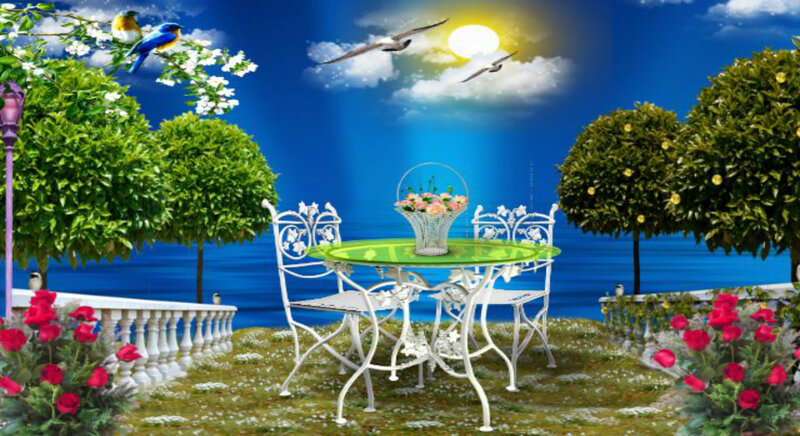 White Table and Chairs — Blue