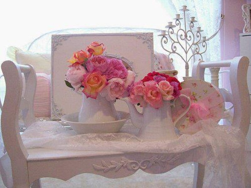 White Table with Flowers — Pink, Serene, Photograph