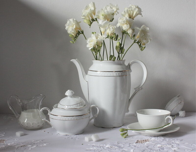 White Tea Set with Flowers — Serene