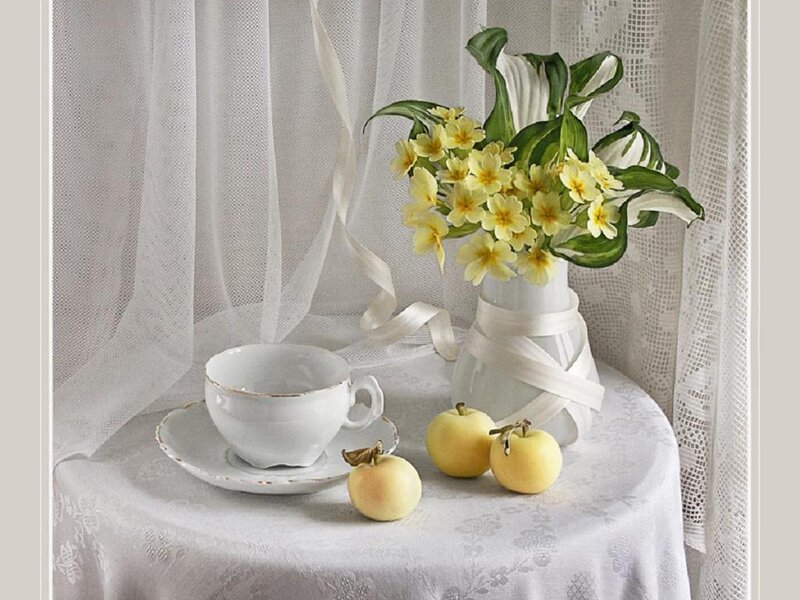 White Teacup with Flowers — Serene, Morning