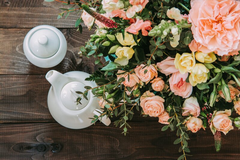White Teapot and Flowers — Pink