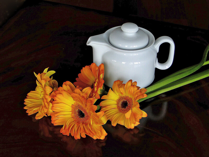 White Teapot with Flowers — Orange