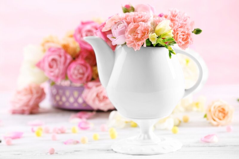 White Teapot with Flowers — Pink