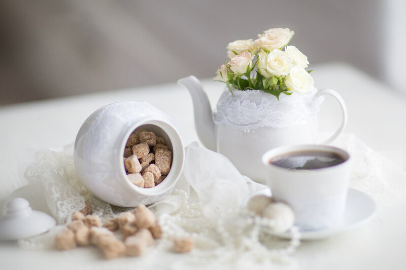 White Teapot with Flowers — Serene, Morning, Photograph