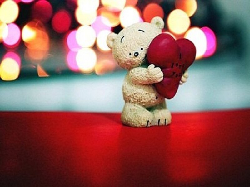 White Teddy Bear Holding Heart — Red, Romantic, Night