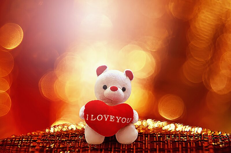 White Teddy Bear Holding Heart — Red