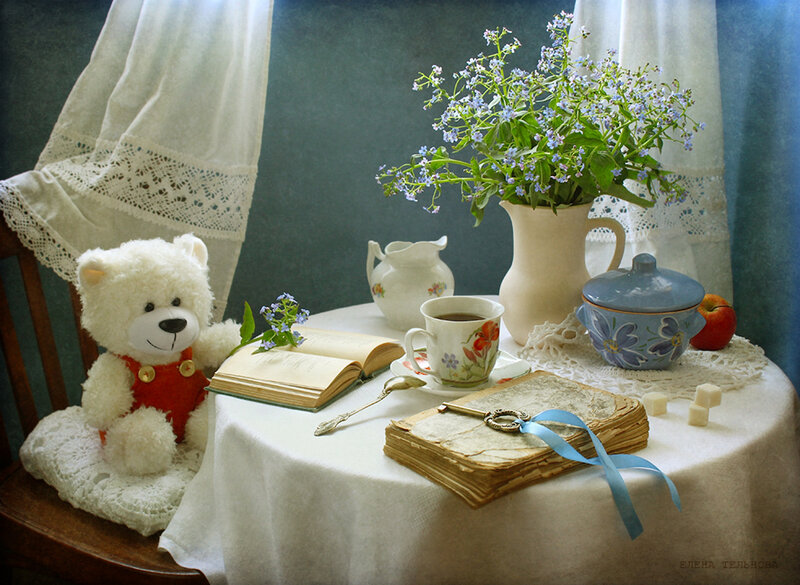 White Teddy Bear on Table — Serene