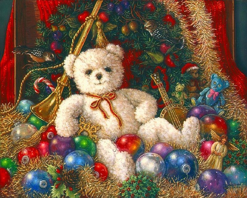 White Teddy Bear — Red, Festive, Winter