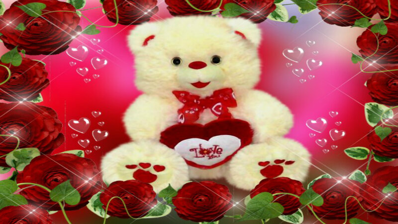 White Teddy Bear — Red, Romantic, Digital Art, Red Roses, Hearts
