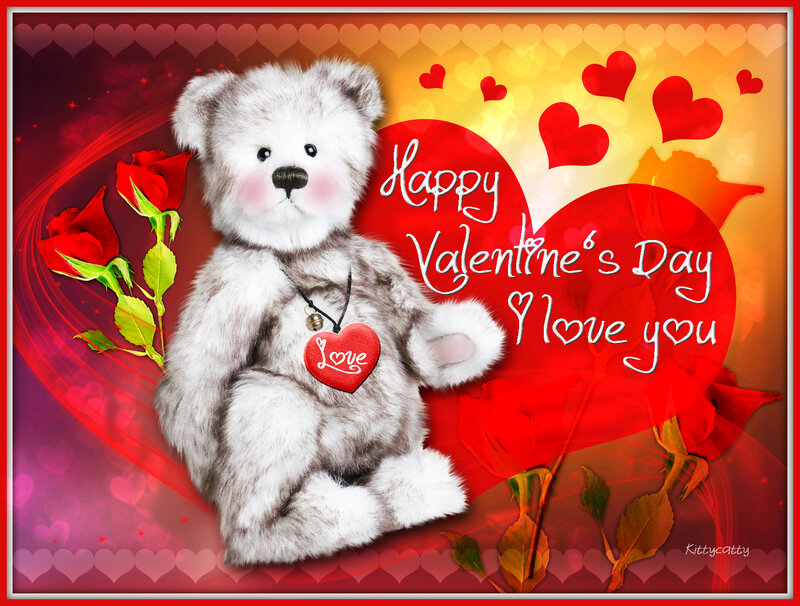 White Teddy Bear — Red, Romantic, Digital Art, Red Roses