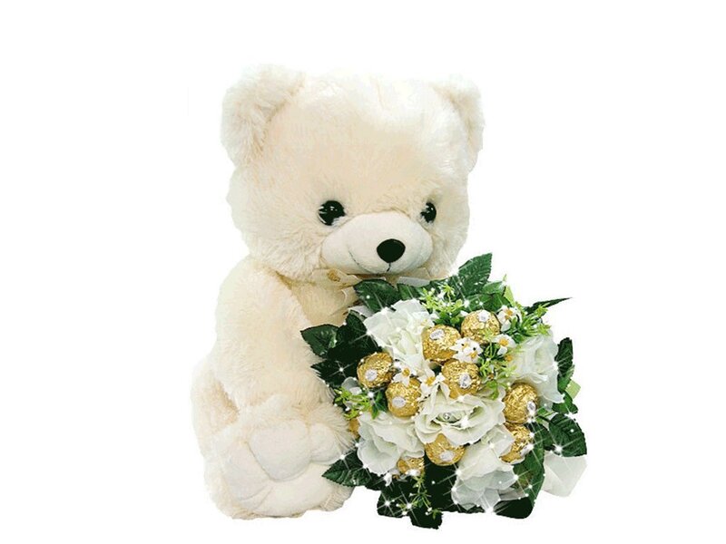 White Teddy Bear with Bouquet