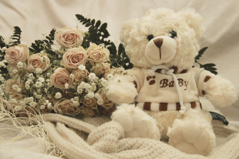 White Teddy Bear with Flowers — Beige