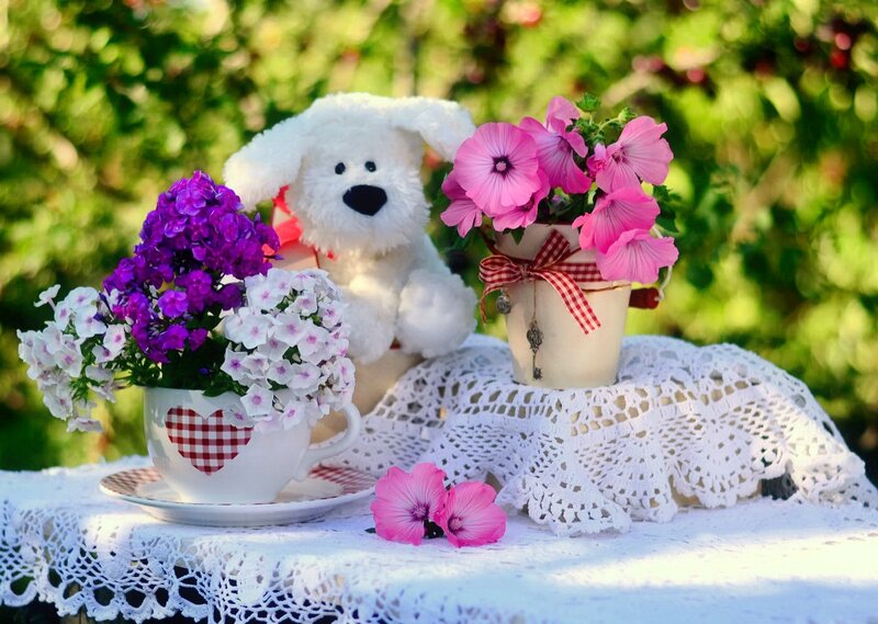White Teddy Bear with Flowers — Pink, Serene