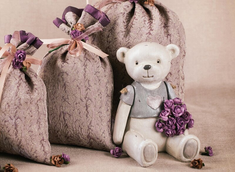 White Teddy Bear with Flowers — Purple, Calm, Photograph