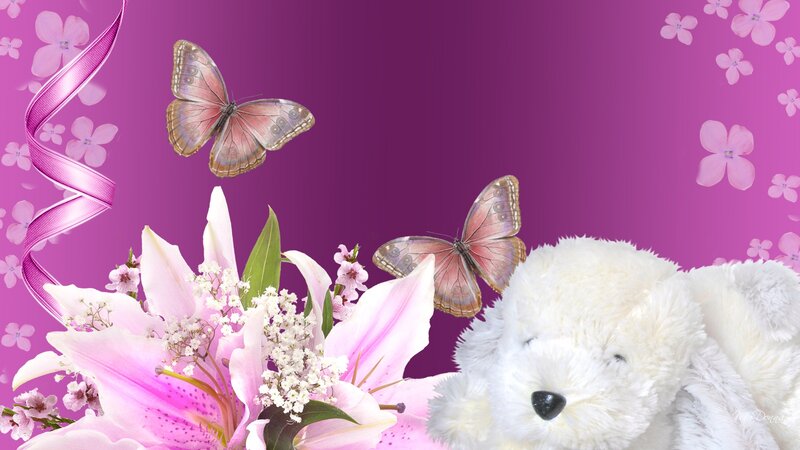 White Teddy Bear with Flowers — Purple, Calm