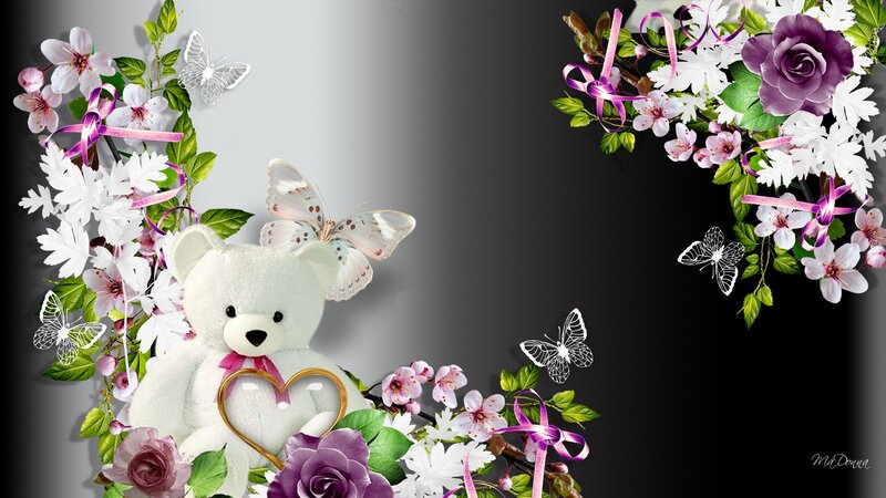 White Teddy Bear with Flowers — Purple
