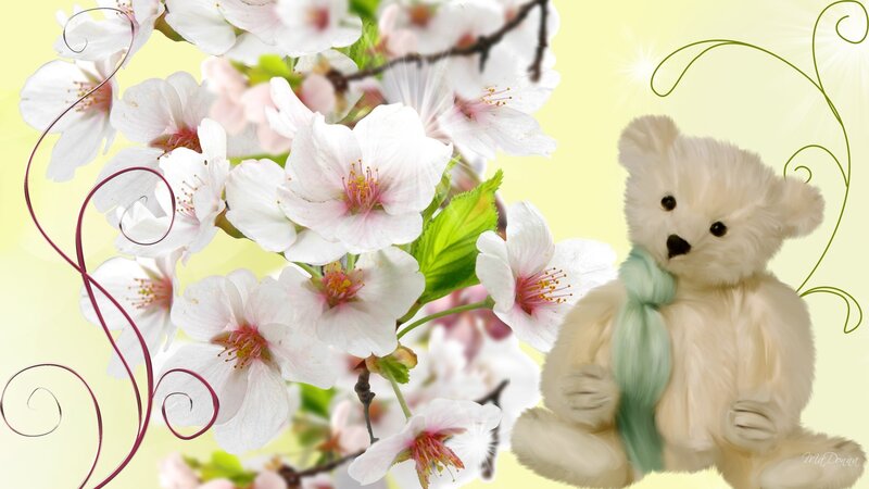White Teddy Bear with Flowers