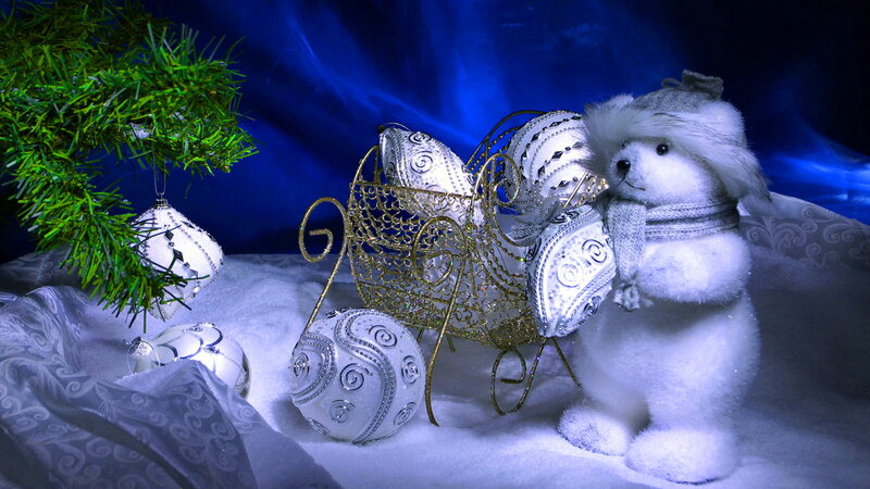 White Teddy Bear with Ornaments — Blue