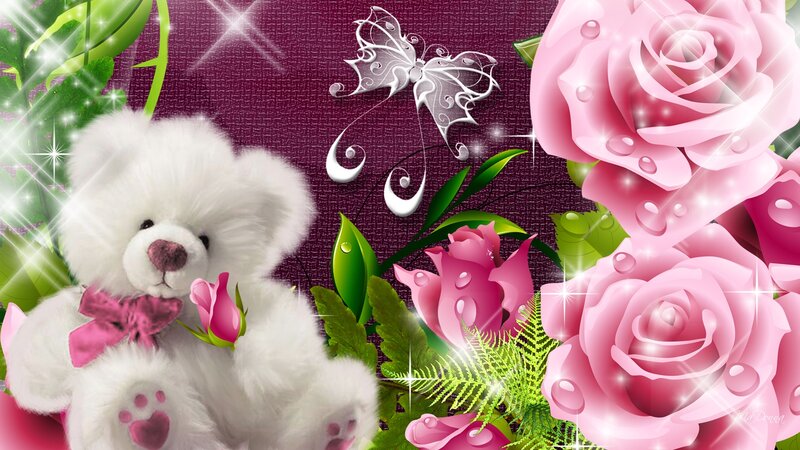 White Teddy Bear with Roses — Pink