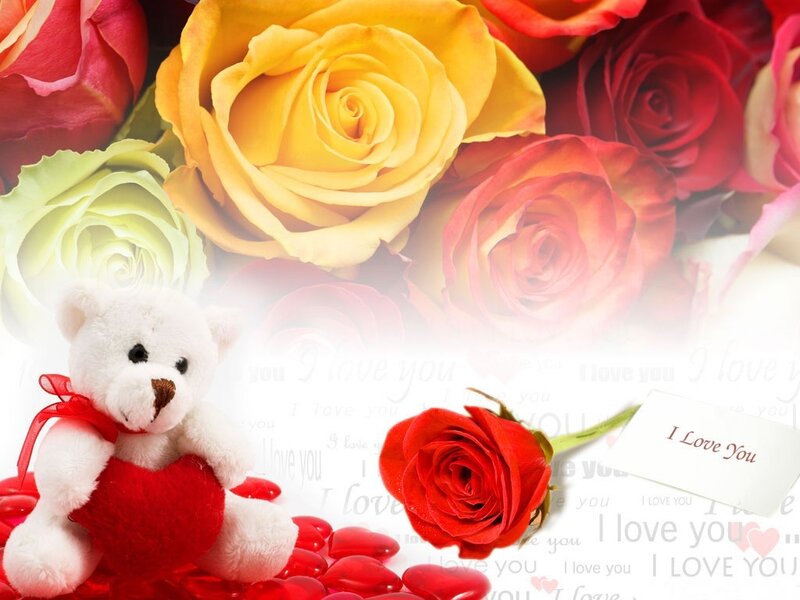 White Teddy Bear with Roses — Red