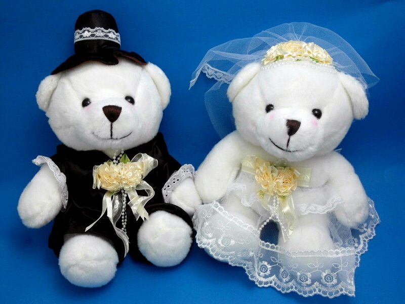 White Teddy Bears in Wedding Attire