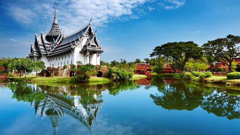 White Temple by Lake — Blue, Serene, Afternoon