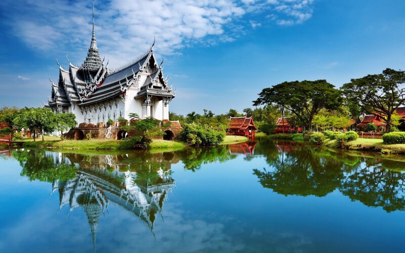 White Temple by Lake — Blue, Serene