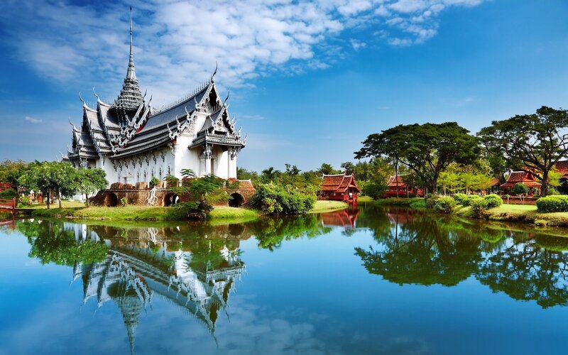 White Temple by Lake — Blue