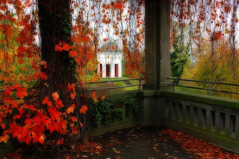 White Temple in Autumn — Red