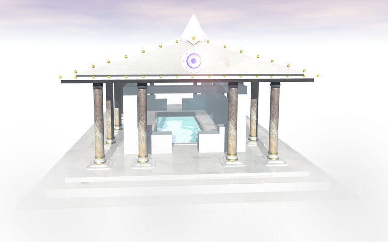 white temple with pool