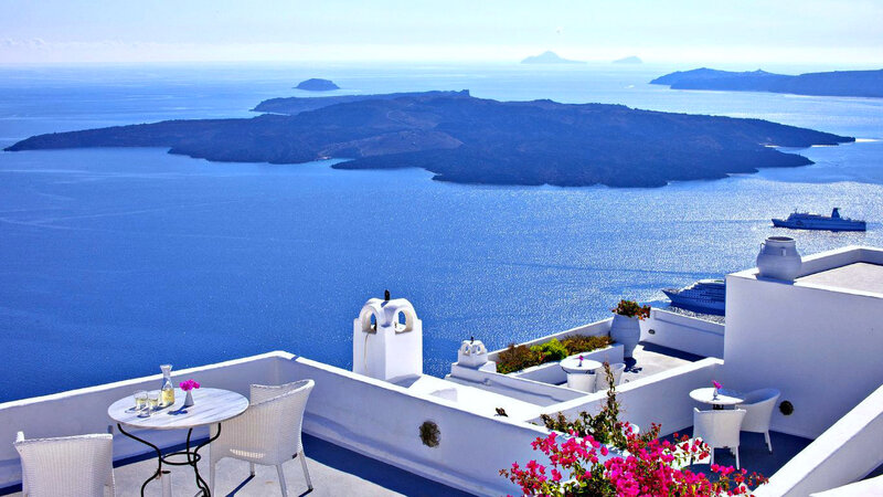 White Terrace Overlooking Sea — Blue, Serene