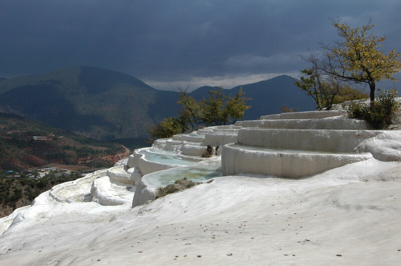 White terraces with mountain view