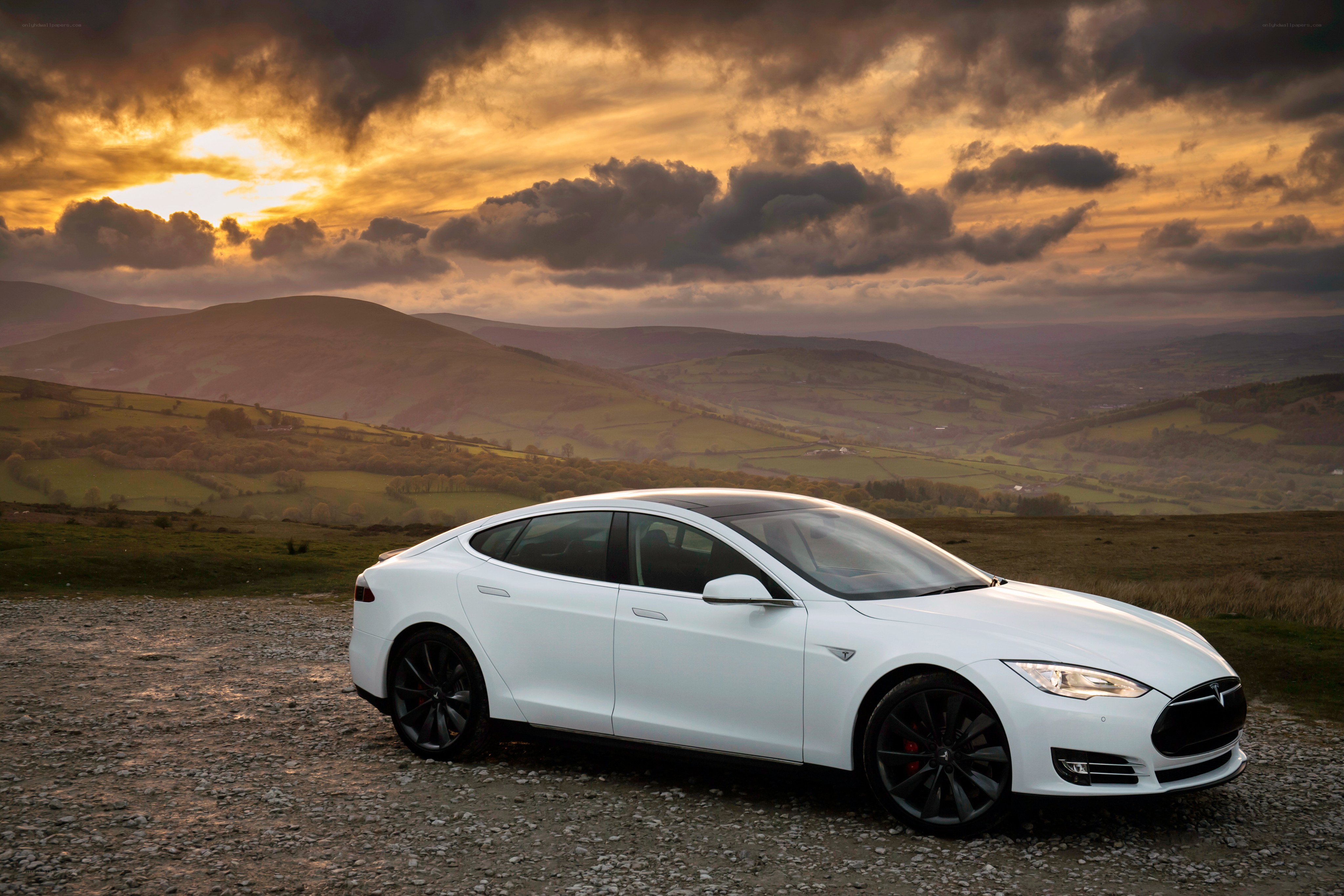 White Tesla on a hillside at sunset