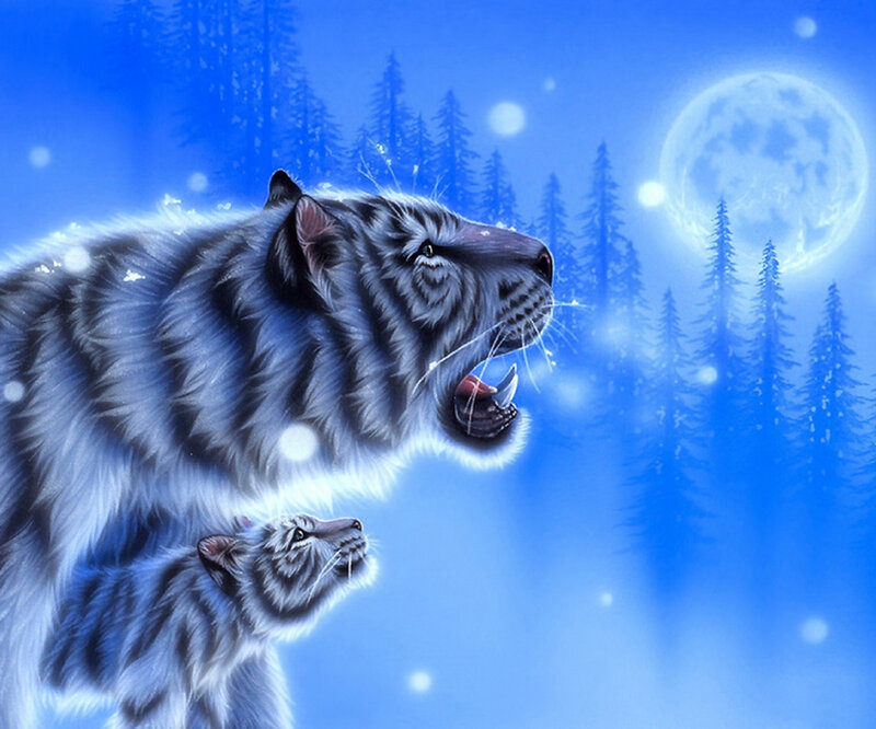 White Tiger and Cub — Blue, Dramatic