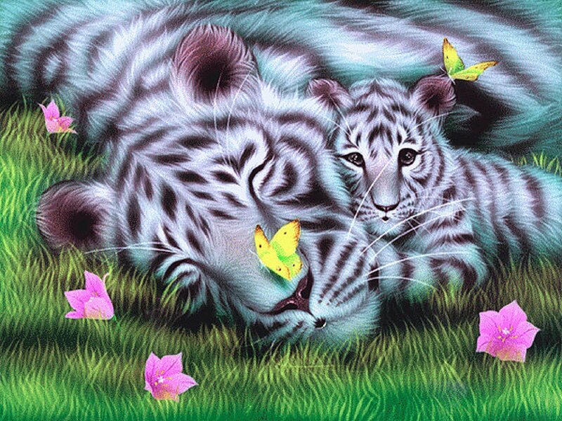 White Tiger and Cub — Green, Serene, Digital Art