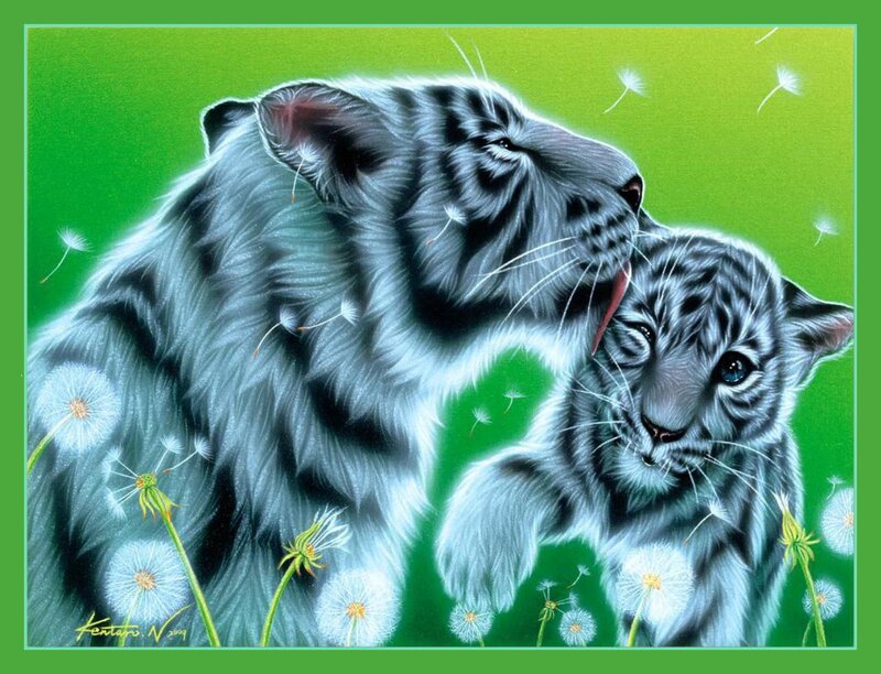 White Tiger and Cub — Green, Serene, Spring