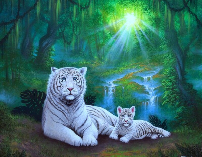 White Tiger and Cub — Green, Serene