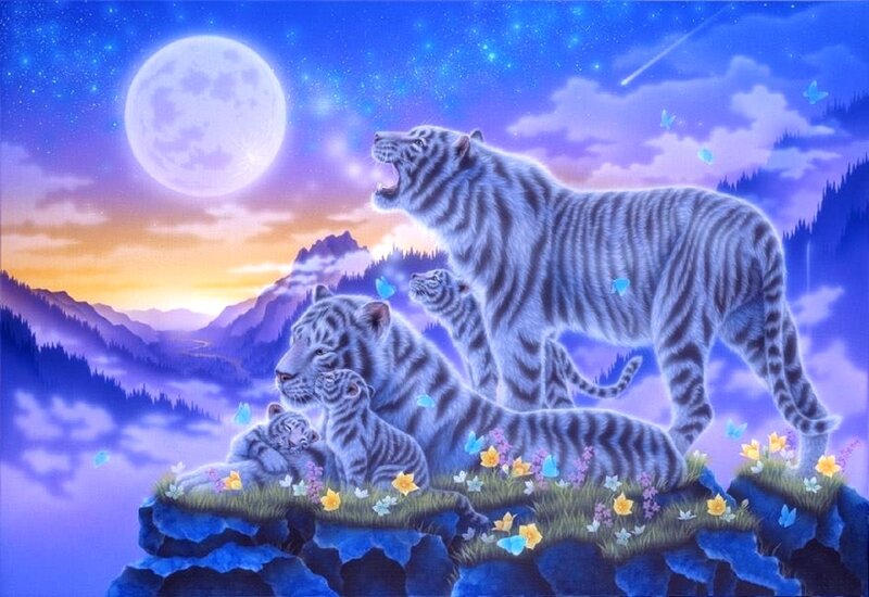 White Tiger Family — Blue, Serene, Night, Digital Art, Moon, Mountains