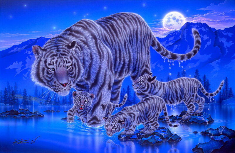 White Tiger Family — Blue, Serene, Night