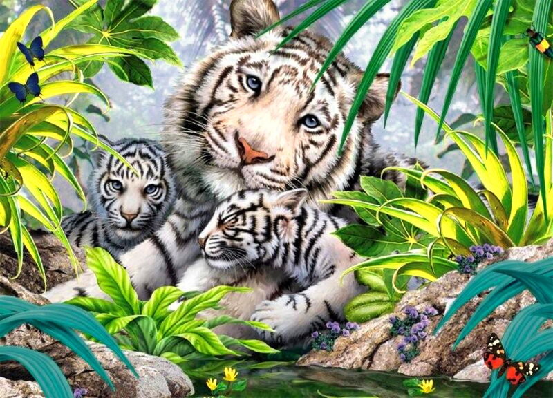 White Tiger Family — Green, Serene, Afternoon, Digital Art