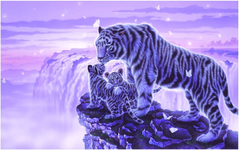 White Tiger Family — Purple, Serene, Sunset, Digital Art