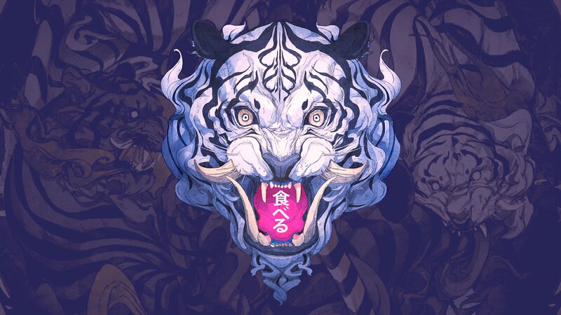 White Tiger Head — Blue, Dramatic, Digital Art, Open Mouth