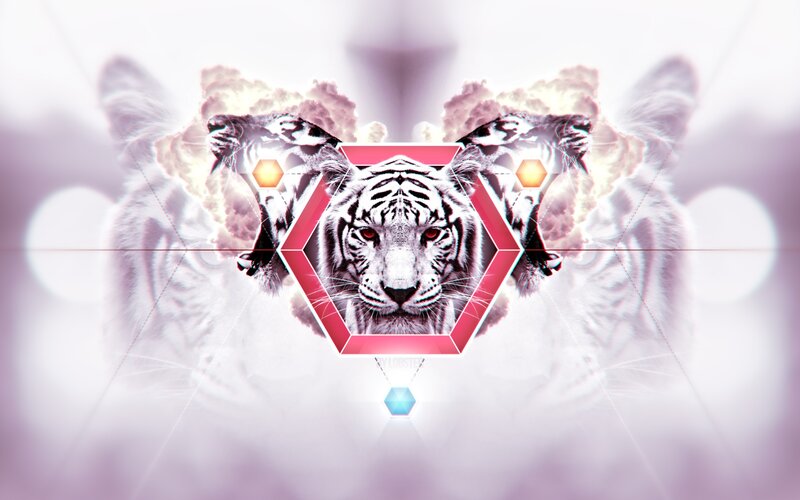 White Tiger Head — Dramatic, Digital Art, Hexagon, Clouds