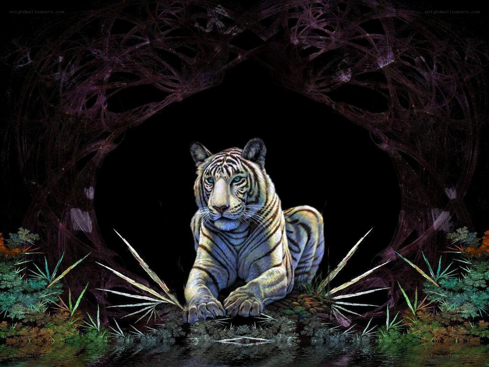 White tiger in a dark forest