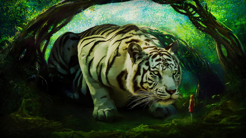 White Tiger in Forest — Green, Dramatic, Night